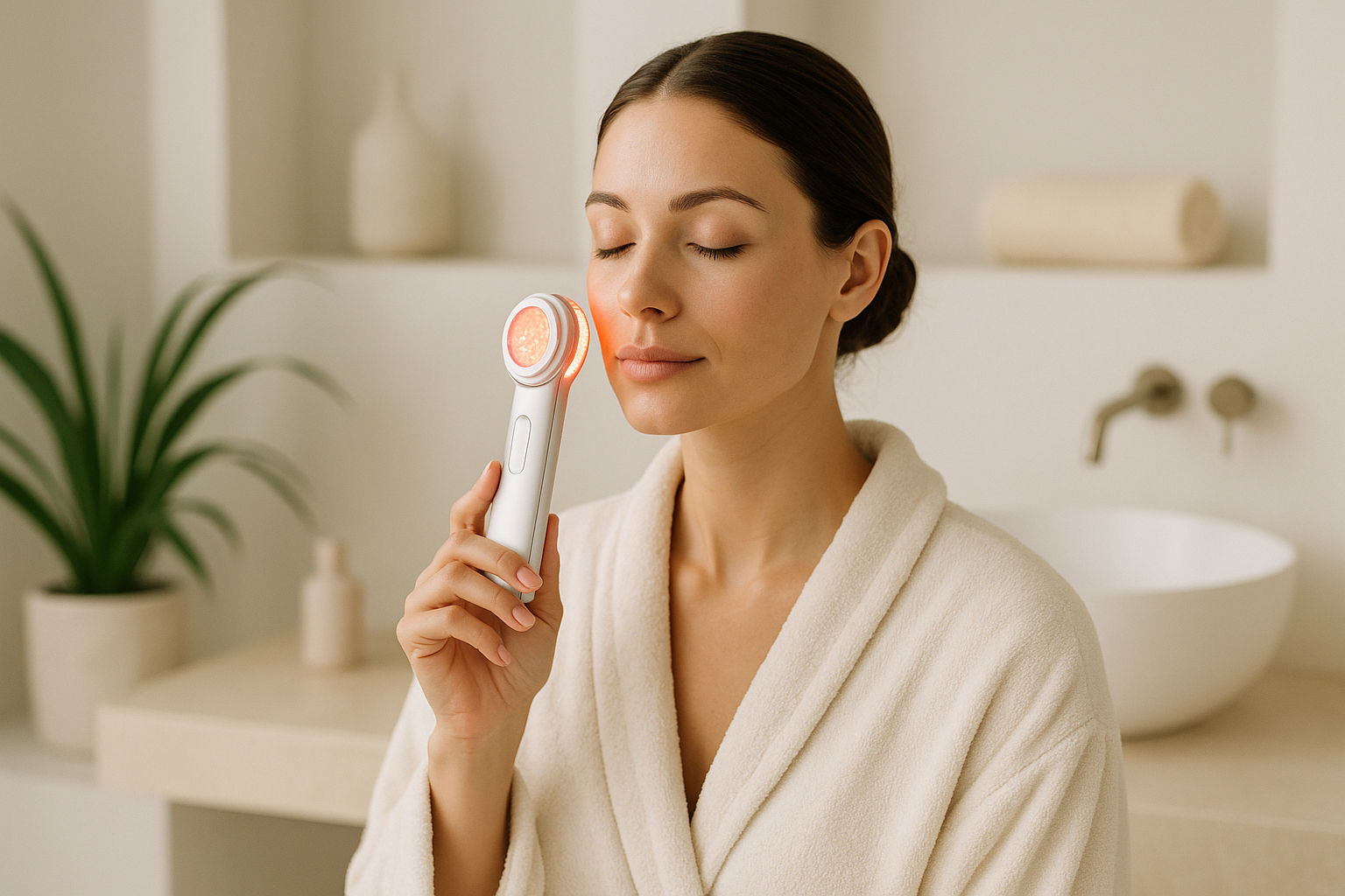 Imagen wellness lifestyle con persona usando dispositivo de belleza